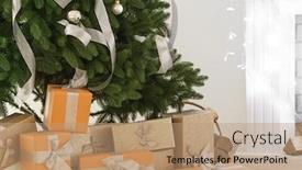  Presentation with fir tree - Theme enhanced with christmas gifts under fir tree in room background and a coral colored foreground