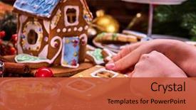  Presentation with gingerbread house - Cool new PPT theme with christmas gingerbread house hands close backdrop and a  colored foreground