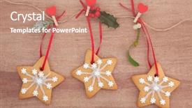  Presentation with parchment - Presentation design consisting of christmas gingerbread snowflake cookies with holly fir and mistletoe leaf sprigs on a string line with red heart pegs over old parchment background background and a coral colored foreground