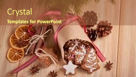  Presentation with cookies christmas - PPT theme featuring christmas gingerbreads christmas decorations handmade cookies in paper cone lying on the wooden background top view christmas and new year treats background and a red colored foreground