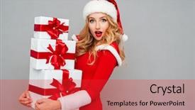  Presentation with christmas red - Cool new presentation theme with christmas girl - excited surprised woman in red backdrop and a red colored foreground
