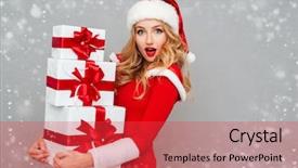  Presentation with christmas red - Audience pleasing PPT layouts consisting of christmas girl - excited surprised woman in red backdrop and a red colored foreground