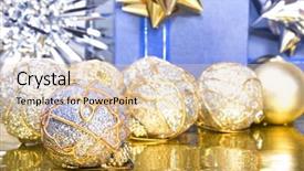  Presentation with gold silver - PPT theme with christmas - gold and silver christmas balls and decorations with blue gift boxes background and a lemonade colored foreground