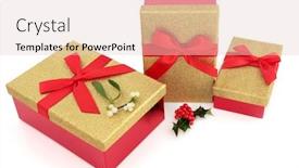  Presentation with red gold white - Presentation design consisting of christmas gold glitter gift boxes with red bows with holly and mistletoe on white background background and a lemonade colored foreground