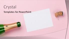  Presentation with christmas card - Presentation theme enhanced with christmas greeting card and champagne bottle over pink background top view flat lay with space for your greetings background and a lemonade colored foreground