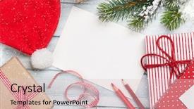 Presentation with christmas card - Presentation theme featuring christmas greeting card and gift boxes on wooden table top view with copy space gift wrapping background and a lemonade colored foreground
