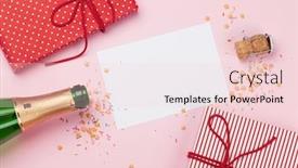  Presentation with christmas card - Amazing presentation having christmas greeting card champagne gift boxes and star shaped sweets over pink background top view flat lay with space for your greetings backdrop and a lemonade colored foreground