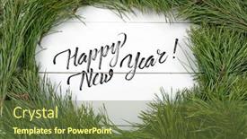  Presentation with new year card - Theme having christmas greeting card fir branch and decoration on plank christmas fir tree on wooden background copy space lettering happy new year background and a tawny brown colored foreground