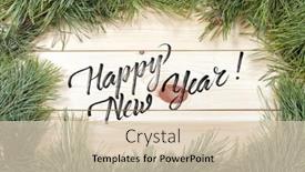  Presentation with new year card - Cool new theme with christmas greeting card fir branch and decoration on plank christmas fir tree on wooden background copy space lettering happy new year backdrop and a lemonade colored foreground