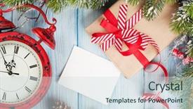  Presentation with snow tree - Beautiful PPT theme featuring christmas greeting card over wooden background with snow fir tree alarm clock and gift box backdrop and a sky blue colored foreground