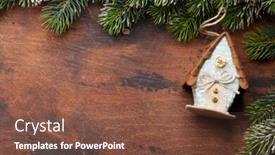  Presentation with snow tree - Beautiful slides featuring christmas greeting card with decor and fir tree branch covered by snow on wooden backdrop top view with space for your greetings backdrop and a tawny brown colored foreground