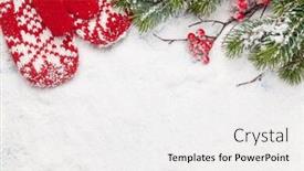  Presentation with fir tree - Beautiful presentation theme featuring christmas greeting card with fir tree and mittens over snow background top view with space for your greetings flat lay backdrop and a white colored foreground