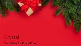  Presentation with christmas card - Colorful presentation theme enhanced with christmas greeting card with gift box and fir tree branch over red background xmas backdrop top view with copy space for your greetings backdrop and a red colored foreground