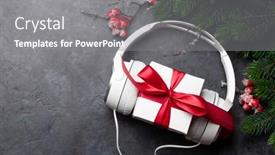  Presentation with christmas card - PPT layouts featuring christmas-greeting-card-with-headphones background and a gray colored foreground