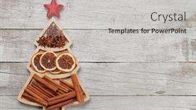  Presentation with fir tree - Beautiful slide set featuring christmas greeting card with spices in fir tree shaped box and copy space for your greetings anise dry orange and cinnamon top view flat lay backdrop and a light gray colored foreground