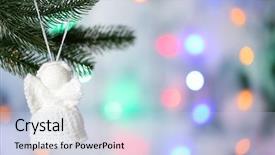  Presentation with christmas tree - Slide set with christmas handmade decorations hanging on christmas tree on blurred background background and a light blue colored foreground