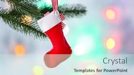  Presentation with christmas tree - Presentation theme consisting of christmas handmade decorations hanging on christmas tree on blurred background background and a cool aqua colored foreground