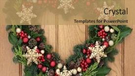  Presentation with christmas holly - Audience pleasing slide set consisting of christmas heart shaped wreath with gold snowflake bauble decorations holly mistletoe and winter greenery over oak front door background backdrop and a coral colored foreground
