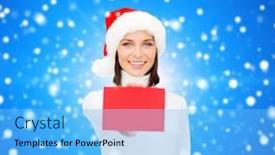  Presentation with christmas sale - Theme consisting of christmas holdays people advertisement and sale concept - happy woman in santa helper hat with blank red card over blue snowy background background and a light blue colored foreground