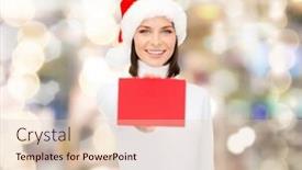  Presentation with christmas sale - Amazing slides having christmas holdays people advertisement and sale concept - happy woman in santa helper hat with blank red card over lights background backdrop and a lemonade colored foreground