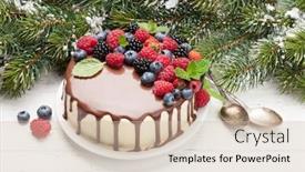  Presentation with christmas chocolate - Slide set having christmas holiday chocolate cake or cheesecake with berries on wooden table background and a soft green colored foreground