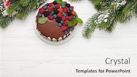  Presentation with christmas chocolate - Theme enhanced with christmas holiday chocolate cake or cheesecake with berries on wooden table with copy space top view flat lay background and a white colored foreground