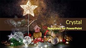  Presentation with shining star - Slides consisting of christmas holiday decoration with shining star fir snow balls and vintage toys with garland magical fairy-tale rustic composition with festive illumination on grunge and wooden board background background and a tawny brown colored foreground