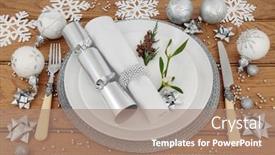  Presentation with christmas dinner - Cool new slide set with christmas holiday dinner place setting with plates napkin cutlery silver bauble decorations and mistletoe over oak table background backdrop and a coral colored foreground