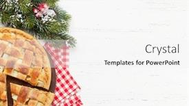  Presentation with christmas card - Slide set featuring christmas holiday greeting card with apple pie and fir tree on wooden table with copy space top view flat lay background and a white colored foreground