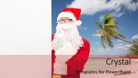  Presentation with tropical christmas - Slides having christmas holidays advertisement travel and people concept - man in costume of santa claus with white blank billboard making hust gesture over tropical beach background background and a red colored foreground