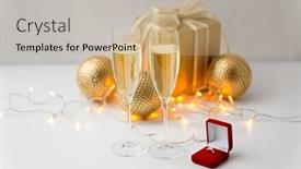  Presentation with christmas holidays - Colorful presentation design enhanced with christmas holidays and celebration concept - glasses of champagne and diamond ring in little red gift box backdrop and a coral colored foreground