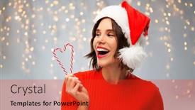  Presentation with christmas candy - Presentation design having christmas holidays and celebration concept - happy smiling young woman in santa helper hat with candy canes over festive lights on grey background background and a red colored foreground