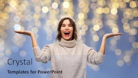  Presentation with blue lights - Amazing presentation having christmas holidays and celebration concept - happy smiling young woman in knitted winter hat and sweater holding something on empty hand palm over festive lights on blue background backdrop and a light blue colored foreground