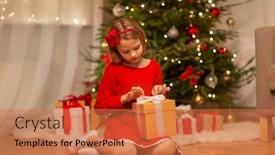  Presentation with christmas girl - Slide deck consisting of christmas holidays and childhood concept - girl in red dress with gift box at home background and a coral colored foreground