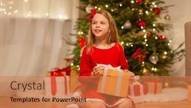  Presentation with christmas girl - Beautiful theme featuring christmas holidays and childhood concept - smiling girl in red dress with gift box at home backdrop and a coral colored foreground