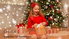  Presentation with girl christmas - Presentation theme featuring christmas holidays and childhood concept - smiling girl in red dress with gift box at home background and a coral colored foreground