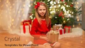  Presentation with girl christmas - Presentation design featuring christmas holidays and childhood concept - smiling girl in red dress with gift box at home background and a coral colored foreground