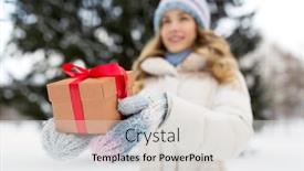  Presentation with happy holidays - PPT theme consisting of christmas holidays and leisure concept - close up of happy young woman with gift box outdoors in winter background and a light gray colored foreground