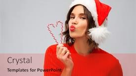 Presentation with christmas candy - Amazing slide set having christmas holidays and people concept - happy smiling young woman in santa helper hat with candy canes making duck face over grey background backdrop and a red colored foreground