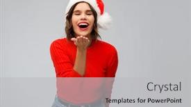  Presentation with kiss - Colorful PPT layouts enhanced with christmas holidays and people concept - happy smiling young woman in santa helper hat sending air kiss over grey background backdrop and a light gray colored foreground