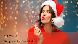  Presentation with christmas candy - Presentation consisting of christmas holidays and people concept - happy smiling young woman in santa helper hat with candy canes making duck face over festive lights background background and a red colored foreground