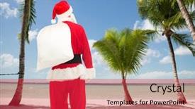  Presentation with beach bag - PPT theme with christmas holidays and people concept - man in costume of santa claus with bag from back over tropical beach background background and a red colored foreground