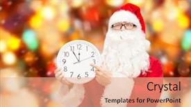  Presentation with christmas holidays - Slides with christmas holidays and people concept - man in costume of santa claus with clock showing twelve pointing finger over red lights background background and a coral colored foreground