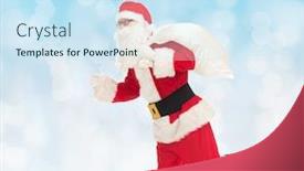  Presentation with blue lights - Theme consisting of christmas holidays and people concept - man in costume of santa claus running with bag over blue lights background background and a sky blue colored foreground