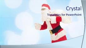  Presentation with blue lights - Presentation theme enhanced with christmas holidays and people concept - man in costume of santa claus running with bag over blue lights background background and a sky blue colored foreground