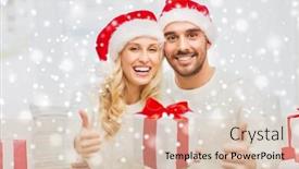  Presentation with happy holidays - PPT theme having christmas holidays and people concept - happy couple in santa hats with gift boxes sitting on sofa and showing thumbs up at home background and a lemonade colored foreground