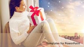  Presentation with happy holidays - PPT layouts enhanced with christmas holidays and people concept - happy beautiful girl with gift sitting on window sill in winter at home over snow city background background and a coral colored foreground
