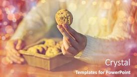  Presentation with christmas baking - Beautiful PPT theme featuring christmas holidays baking people and food concept - close up of woman with oat cookies sitting at wooden table over lights backdrop and a coral colored foreground