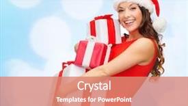  Presentation with blue lights - Slide set having christmas holidays celebration and people concept - smiling woman in red dress with gift boxes over blue lights background background and a coral colored foreground