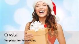  Presentation with blue lights - Slides featuring christmas holidays celebration and people concept - smiling woman in santa helper hat with gift box over blue lights background background and a coral colored foreground